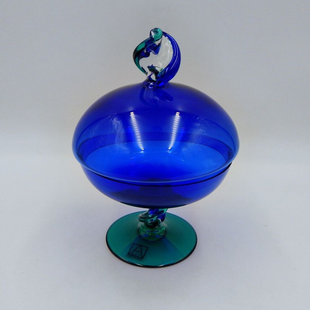 Czech Republic Art Glass Lidded Pedestal Candy Bowl Dish Cobalt Green Twisted